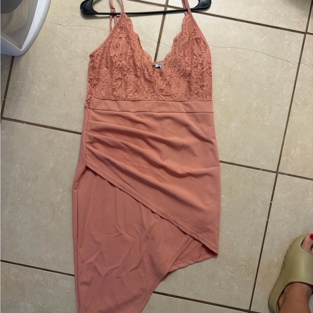 Revamped Asymmetrical Lace Dress in Coral